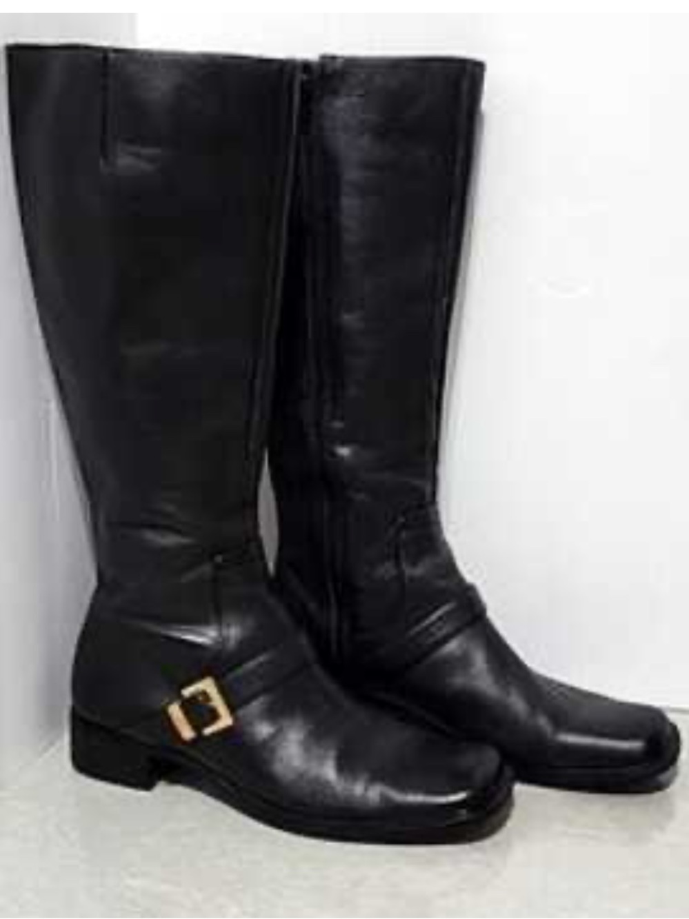 Etienne Aigner Chastity Leather Tall Boots Black US 8.5 Buckle Square Toe